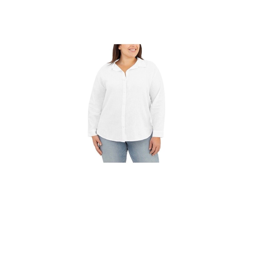 BLANKNYC White Solid Linen Button-Up Collared Long Sleeve Shirt Women's XXL